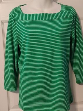 Chaps Green and White Striped Long Sleeve Top